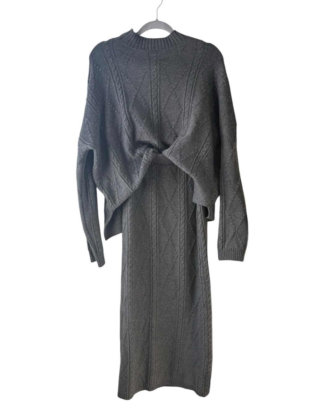 Day & Night Dark Gray Cable Knit Sweater Skirt Set I Size: L